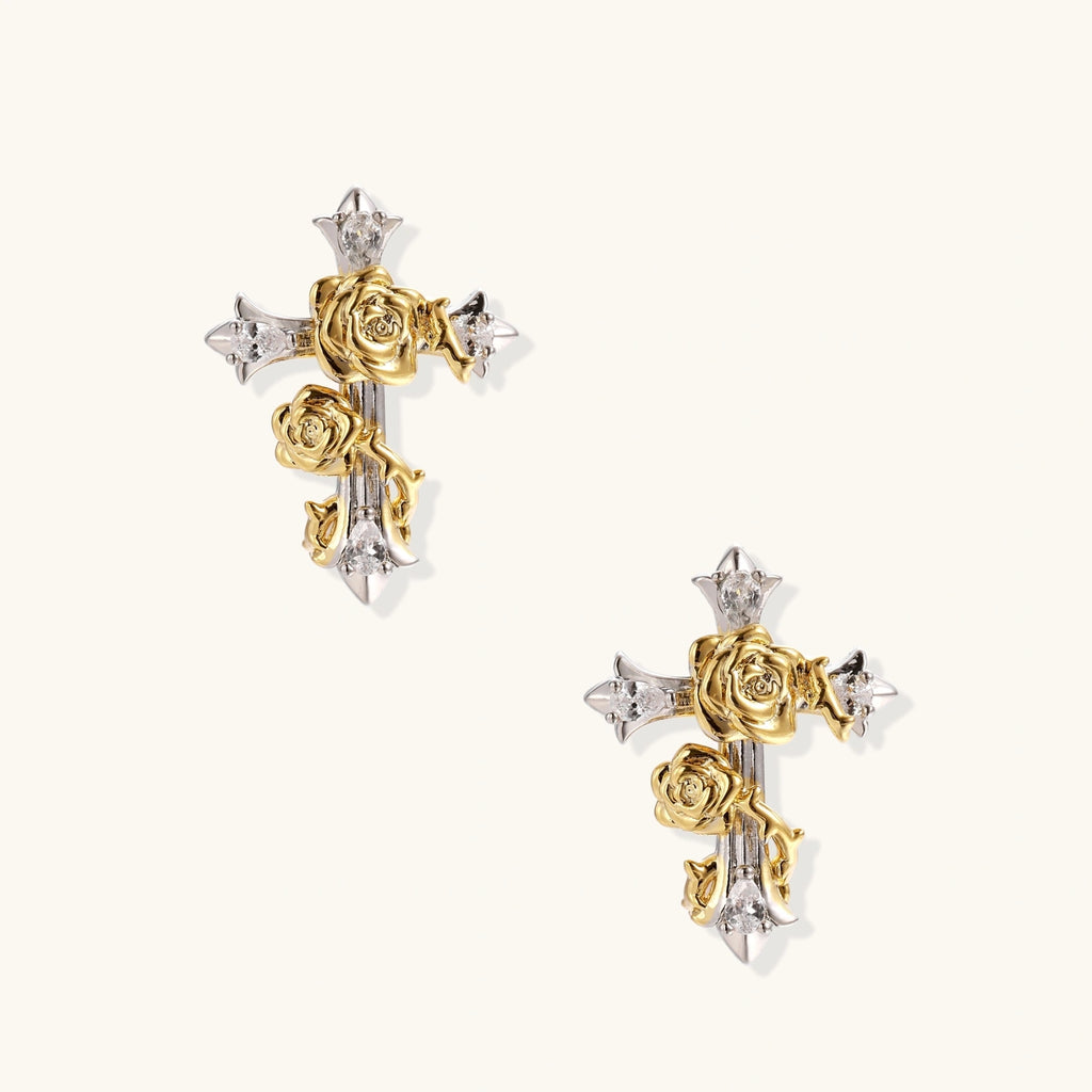 Two-tone cross earrings with gold roses and clear crystals on silver base, gothic romantic style